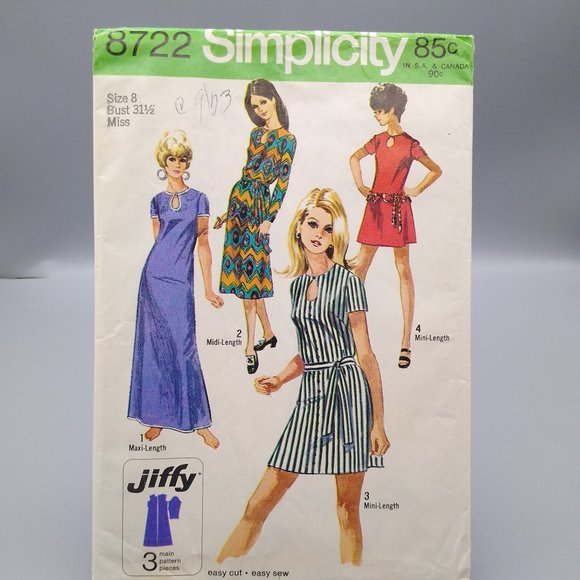 UNCUT Vintage Sewing PATTERN Simplicity 8722, Jiffy Simple to Sew Misses 1970 - Picture 1 of 2